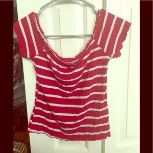 Red and white striped off the shoulder crop top